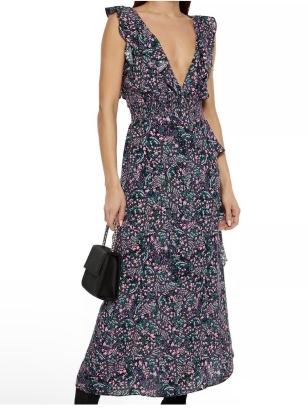 IRO Paris, Black, Pink and Green Floral Midi Dress, size 38/M